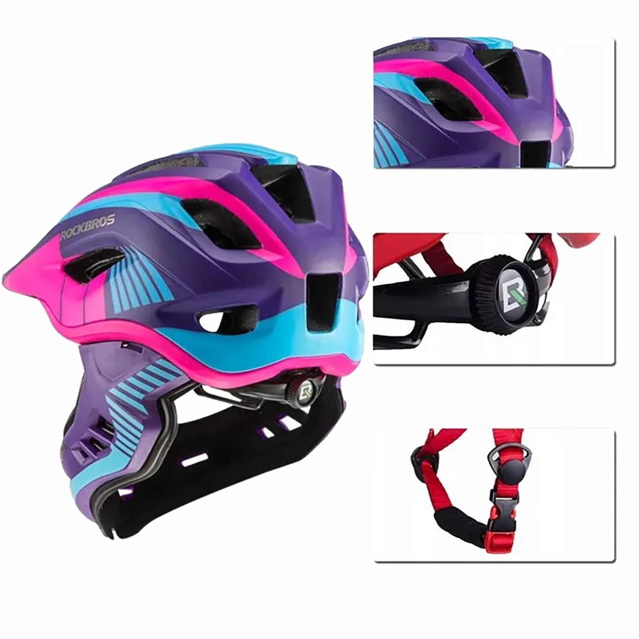 Rockbros TT-32SBPP-S lasten pyöräilykypärä, irrotettava leukalauta, koko S - violetti-pinkki