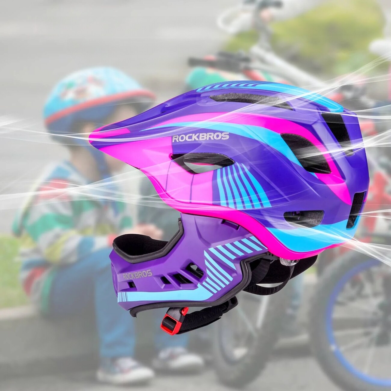 Rockbros TT-32SBPP-S lasten pyöräilykypärä, irrotettava leukalauta, koko S - violetti-pinkki