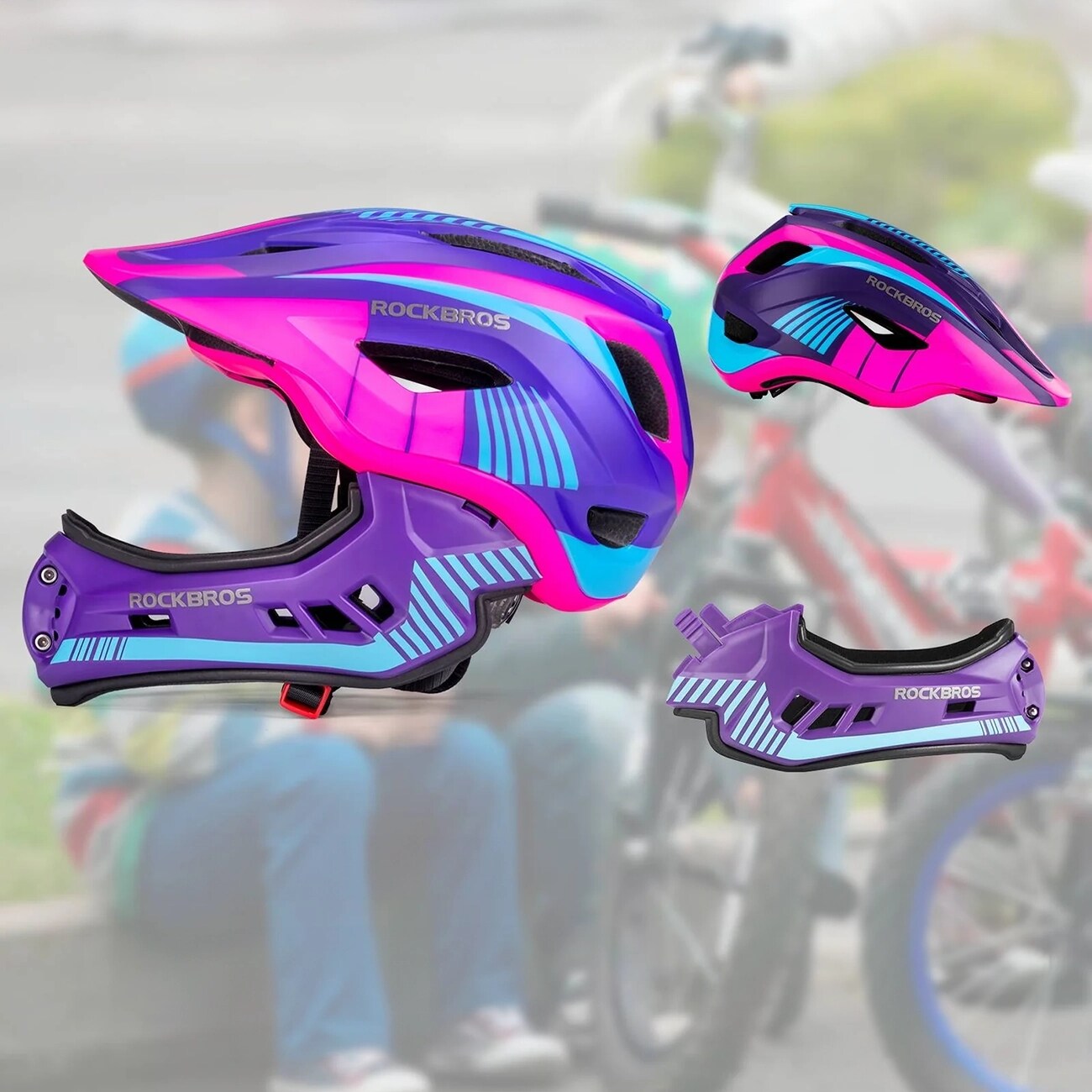 Rockbros TT-32SBPP-S lasten pyöräilykypärä, irrotettava leukalauta, koko S - violetti-pinkki
