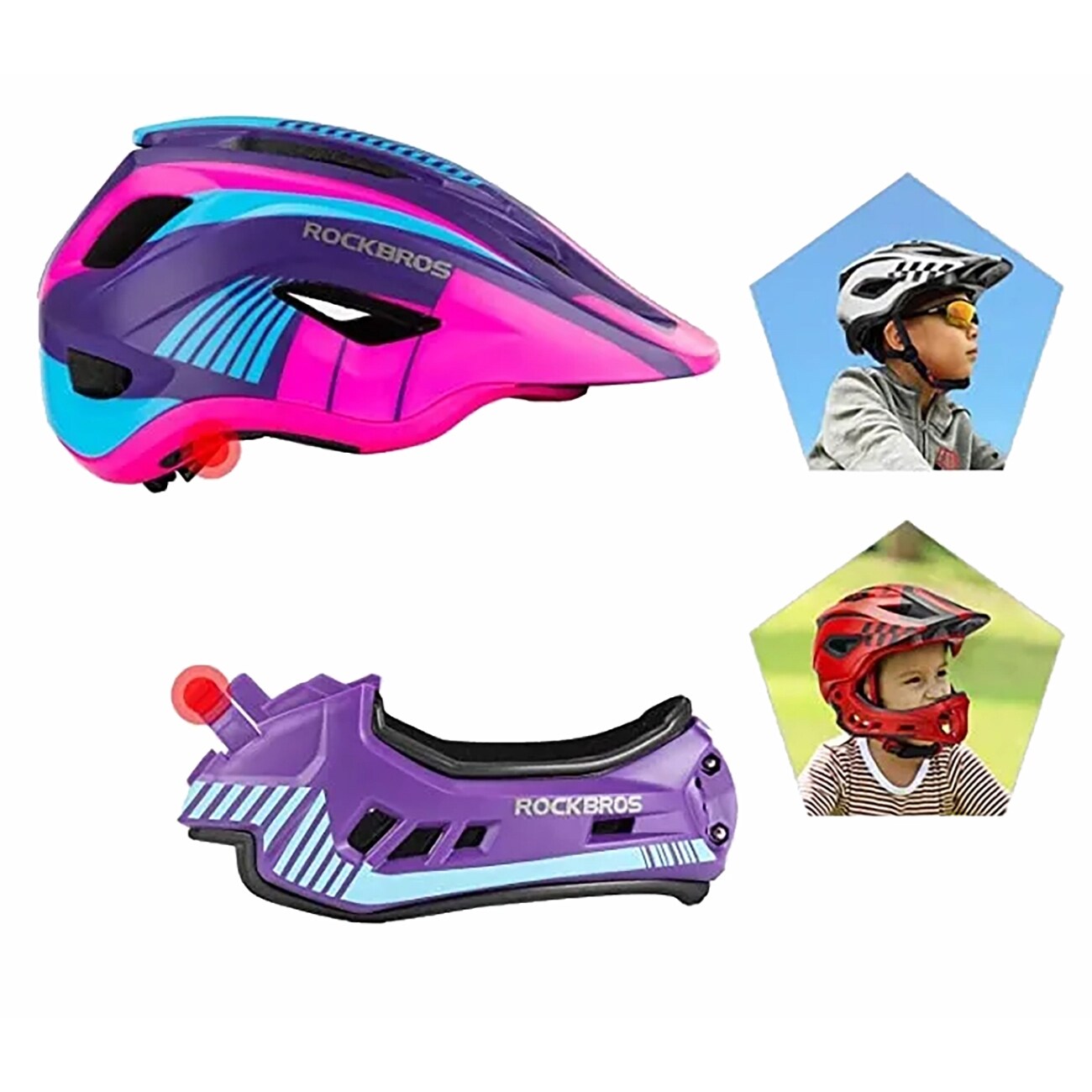 Rockbros TT-32SBPP-M lasten polkupyöräkypärä, irrotettava leukaluukku, koko M - violetti-pinkki