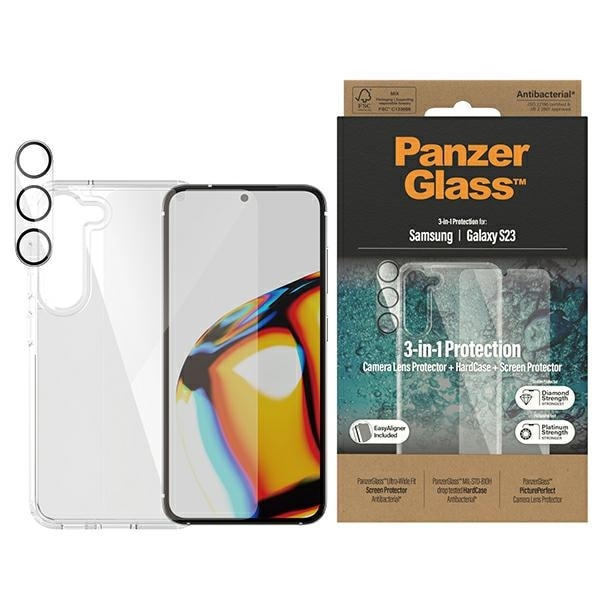 PanzerGlass Bundle 3in1 läpinäkyvä kotelo + kalvo + kameran suojus Samsung Galaxy S23 -puhelimelle