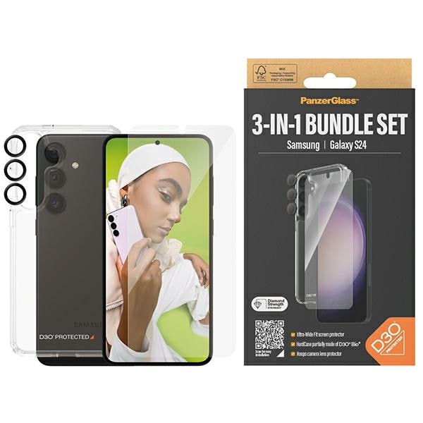 PanzerGlass Bundle 3in1 läpinäkyvä kotelo + kalvo + kameran suojus Samsung Galaxy S24 -puhelimelle