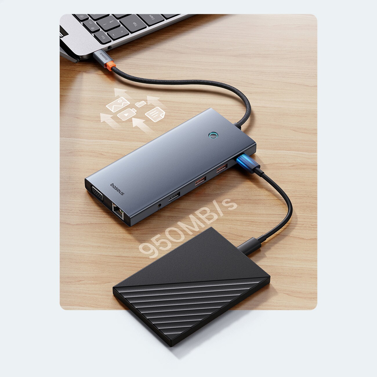 HUB Baseus PortalJoy Series 13in1 USB-C - 2x HDMI/DP/VGA/USB-A/C/PD/RJ45/SD/TF/AUX - harmaa