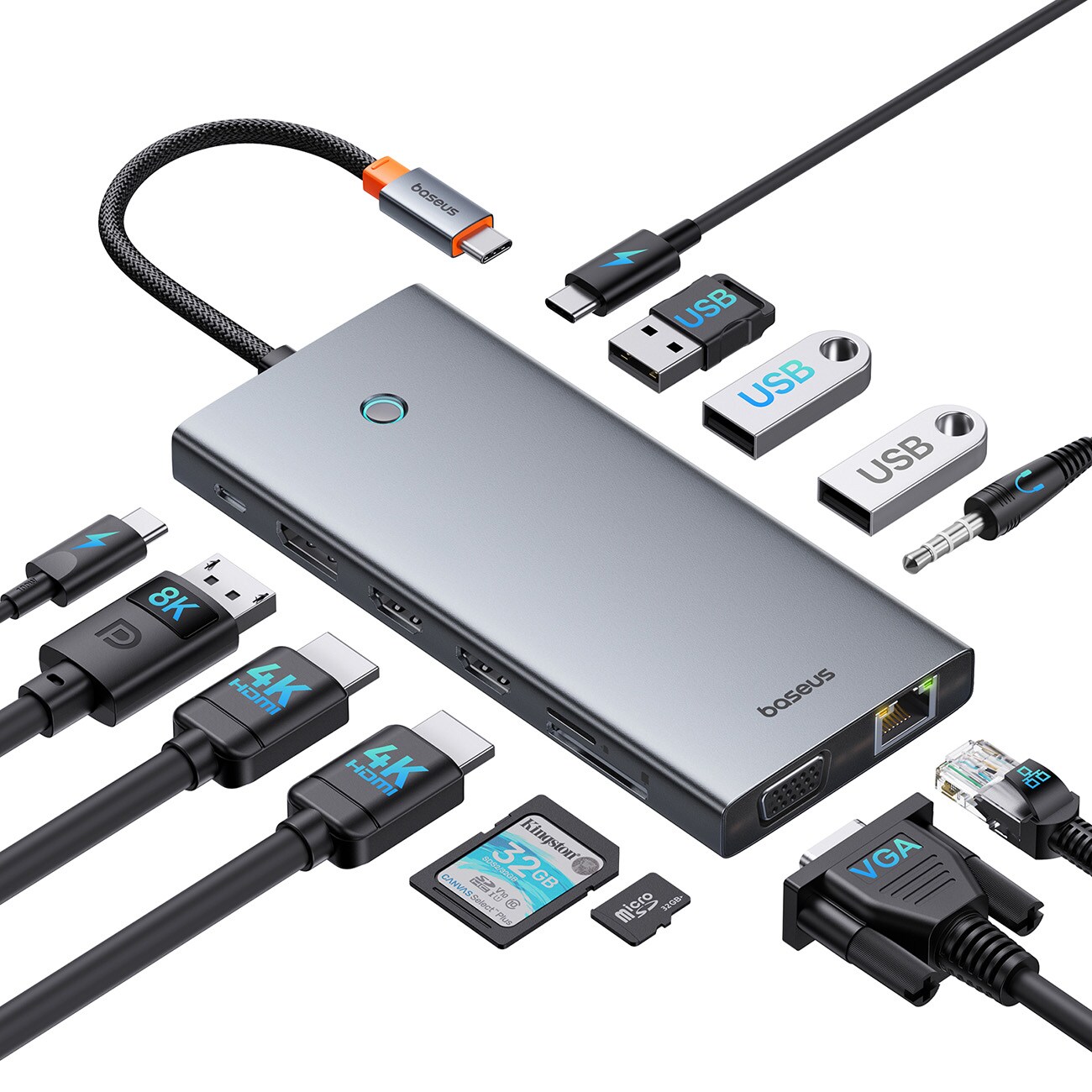 HUB Baseus PortalJoy Series 13in1 USB-C - 2x HDMI/DP/VGA/USB-A/C/PD/RJ45/SD/TF/AUX - harmaa
