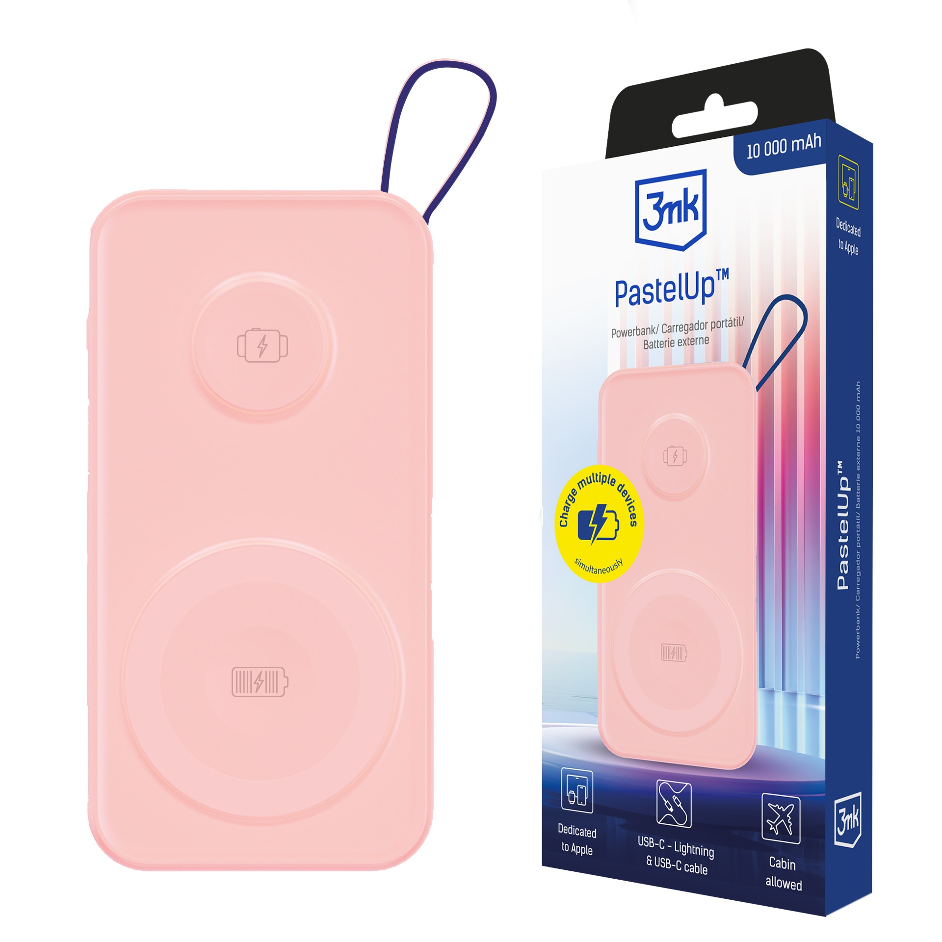 Powerbank 3mk PastelUp 10,000mAh 22.5W USB 1A1C - vaaleanpunainen