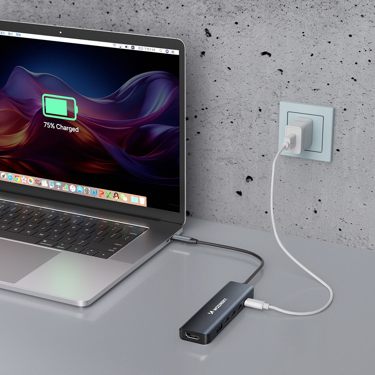 USB-C 6 in 1 -keskitin Wozinsky WHBC10Y4S Monikäyttöinen, alumiininen, 25 cm:n kaapelilla - harmaa