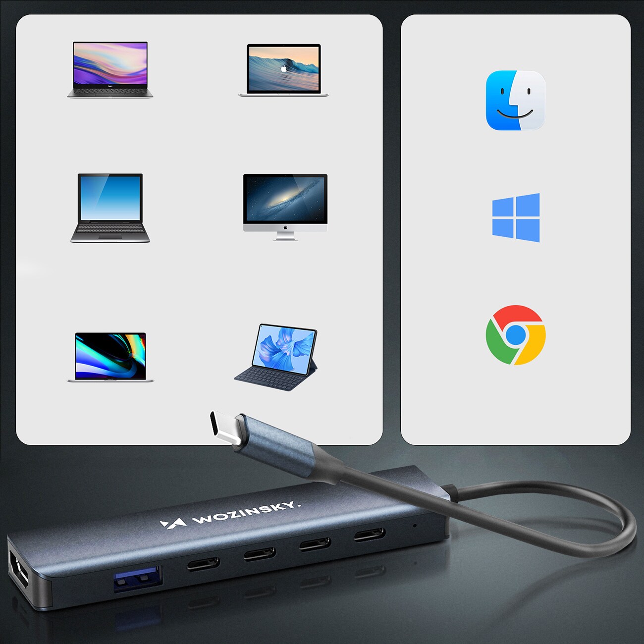 USB-C 6 in 1 -keskitin Wozinsky WHBC10Y4S Monikäyttöinen, alumiininen, 25 cm:n kaapelilla - harmaa