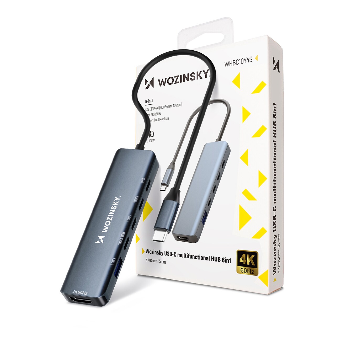 USB-C 6 in 1 -keskitin Wozinsky WHBC10Y4S Monikäyttöinen, alumiininen, 25 cm:n kaapelilla - harmaa