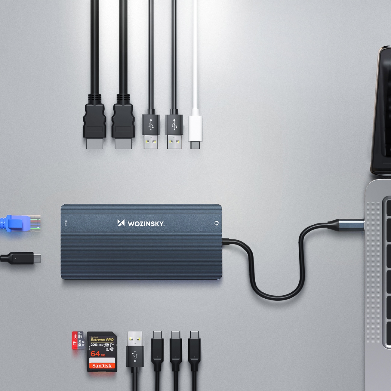 USB-C Hub 14 in 1 Wozinsky WDS03Y5S - alumiini, 4K kolmelle näytölle, 100 W PD, 10 Gbps