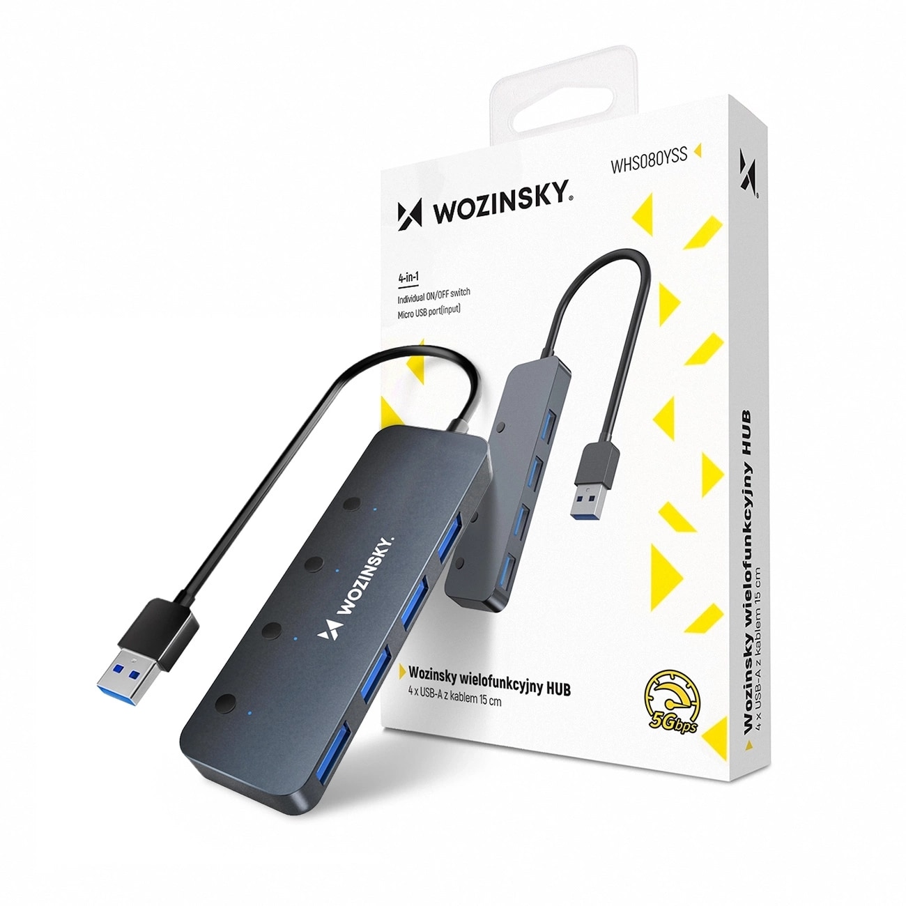 USB-A-keskitin Wozinsky WHS080YSS 4 x USB-A 3.0 kytkimillä, alumiinia, 30 cm kaapeli - harmaa