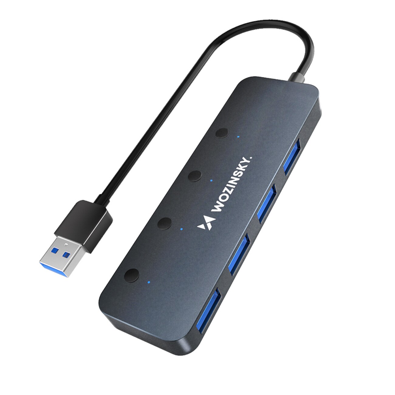 USB-A-keskitin Wozinsky WHS080YSS 4 x USB-A 3.0 kytkimillä, alumiinia, 30 cm kaapeli - harmaa