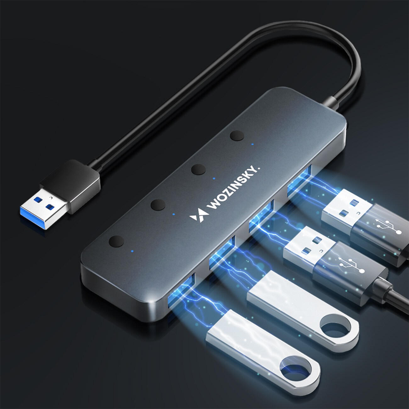 USB-A-keskitin Wozinsky WHS080YSS 4 x USB-A 3.0 kytkimillä, alumiinia, 30 cm kaapeli - harmaa