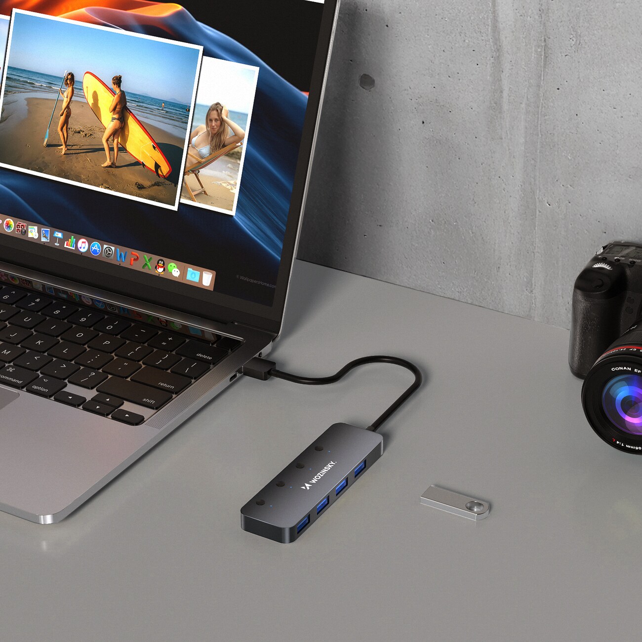 USB-A-keskitin Wozinsky WHS080YSS 4 x USB-A 3.0 kytkimillä, alumiinia, 30 cm kaapeli - harmaa