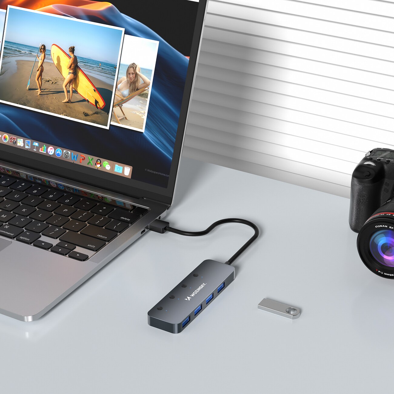 USB-A-keskitin Wozinsky WHS080YSS 4 x USB-A 3.0 kytkimillä, alumiinia, 30 cm kaapeli - harmaa