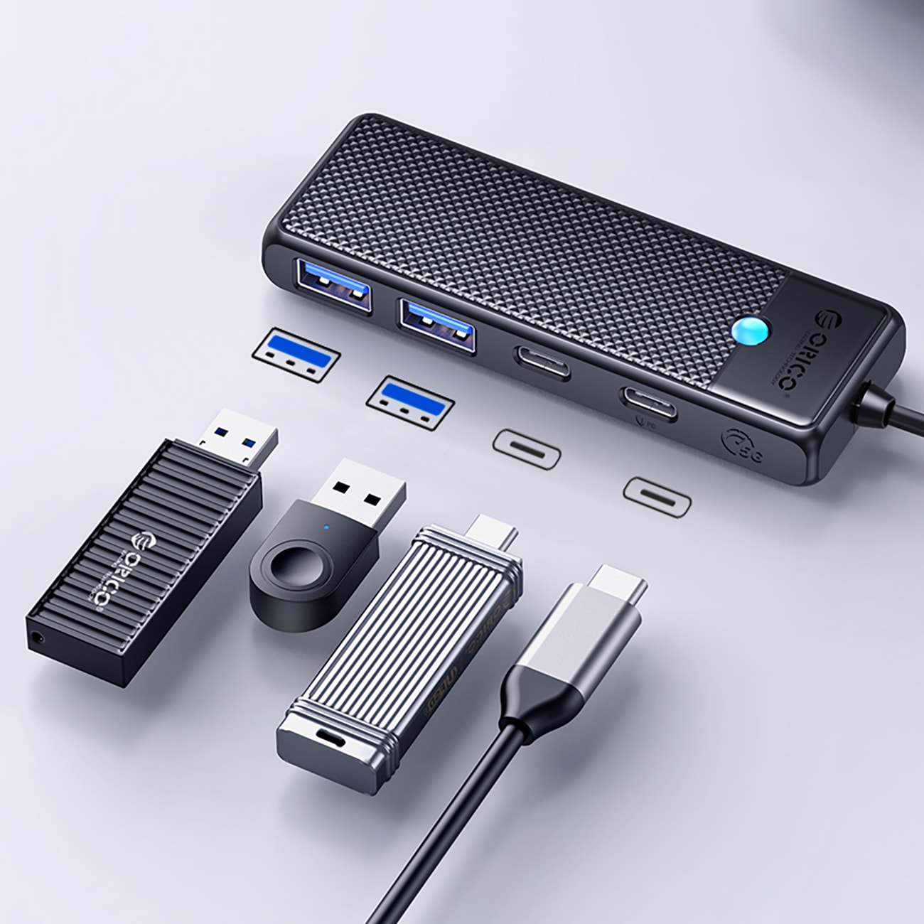 Keskitin USB-C Orico PAPW2AC-C3 telakointiasema 2x USB-A 3.0 + 2x USB-C 3.0 - musta