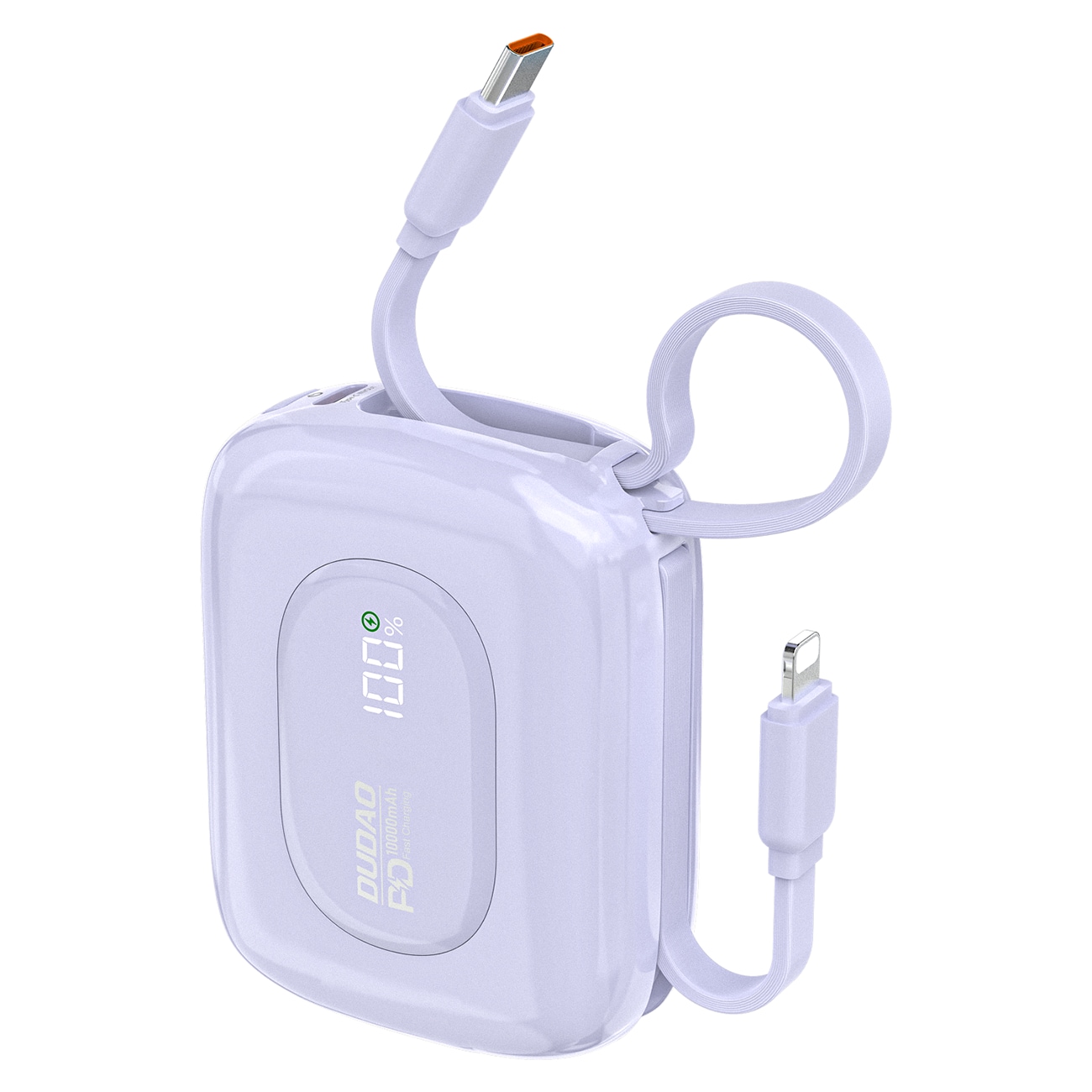 Dudao K32 22.5W 10000 mAh Powerbank sisäänrakennetulla USB-C/ Lightning-kaapelilla - violetti