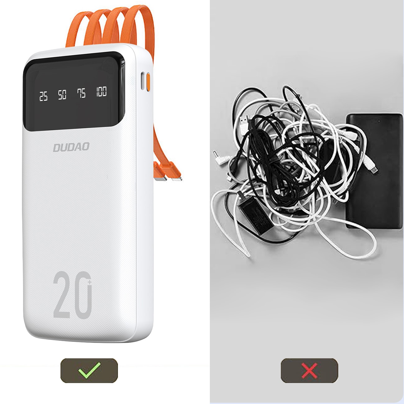 Dudao tehopankki 20000mAh 3 kaapelia (USB-C, micro USB, Lightning) musta (Dudao K6Pro +)