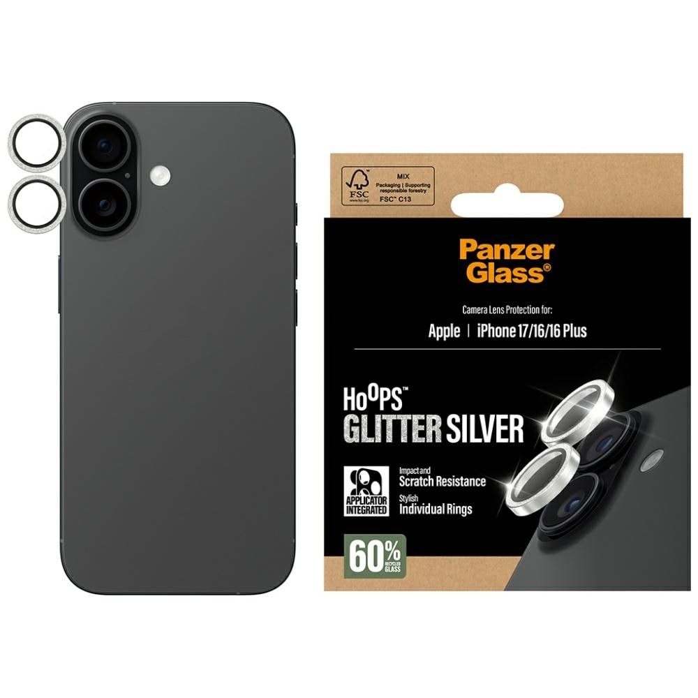 PanzerGlass Hoops Glitter karkaistu lasi linssi näytönsuoja iPhone 17 / 16 / 16 Plus - hopea - hopea