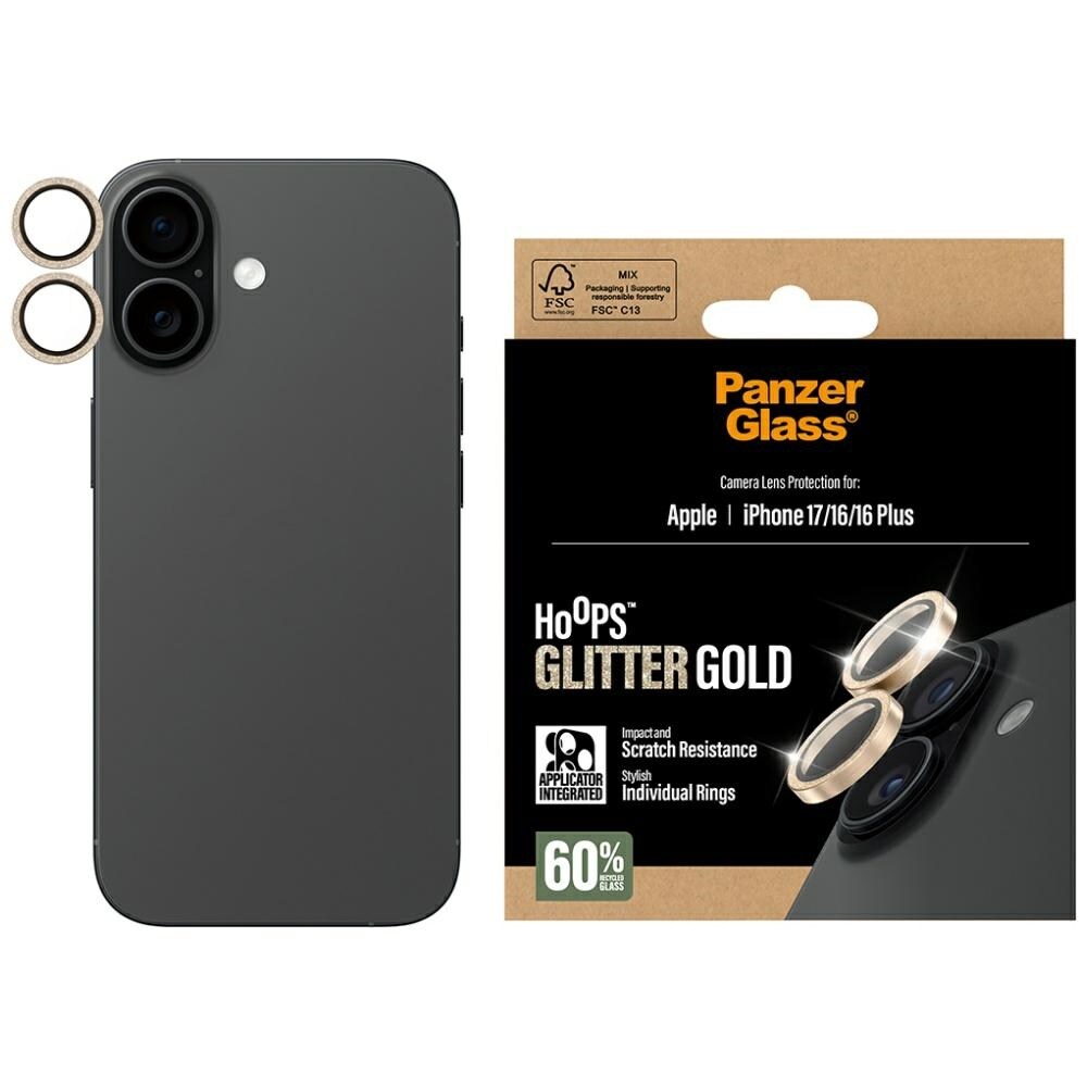 PanzerGlass Hoops Glitter karkaistu lasi linssi näytönsuoja iPhone 17 / 16 / 16 Plus - kultainen