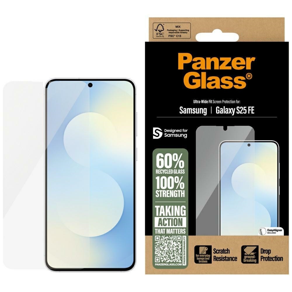 PanzerGlass Ultra-Wide Fit karkaistu lasi Samsung Galaxy S25 FE:lle - läpinäkyvää