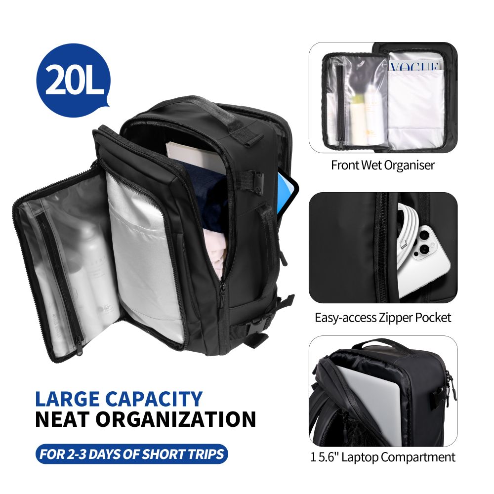 Tech-Protect Defender S50 reppu Ryanairille ja Wizzarille, 20L kannettava tietokone - musta