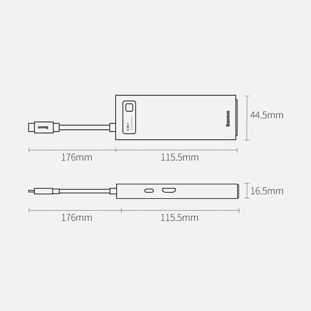 Baseus Metal Gleam 5-in-1 USB Type C Hub - 100W Power Delivery / 4K HDMI / 3x USB 3.2 (CAHUB-CX0G)