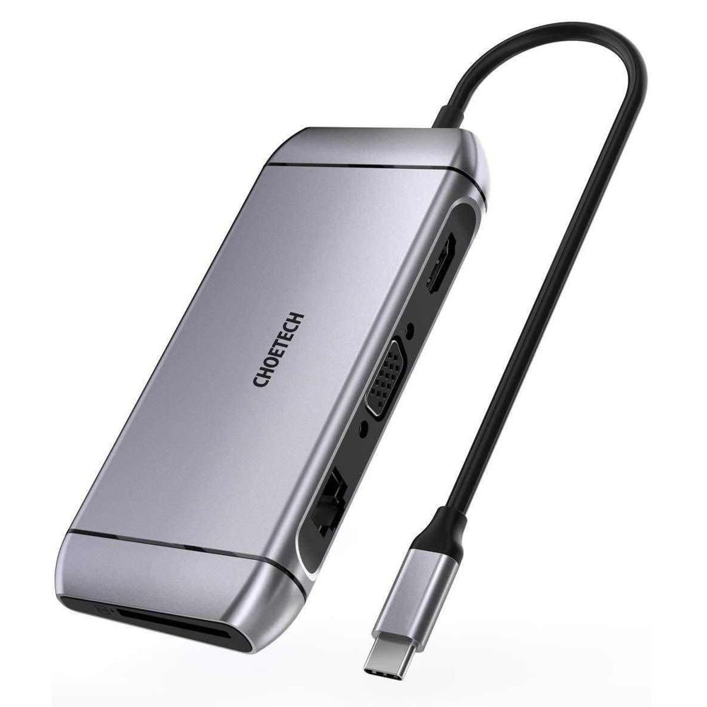 Choetech 9-in-1 USB Type C Hub - 3x USB 3.2, SD/TF card reader, HDMI 4K, VGA FHD, RJ45, grey