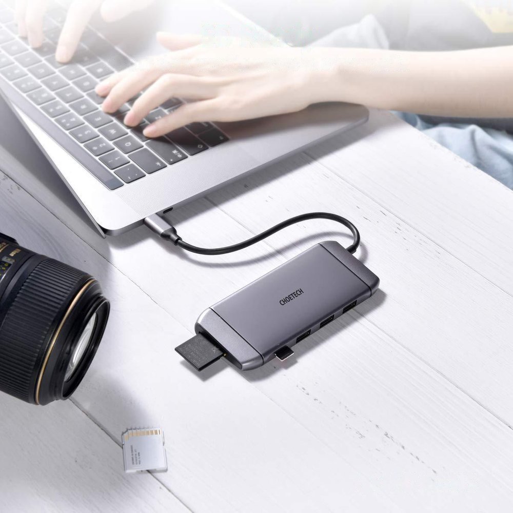 Choetech 9-in-1 USB Type C Hub - 3x USB 3.2, SD/TF card reader, HDMI 4K, VGA FHD, RJ45, grey