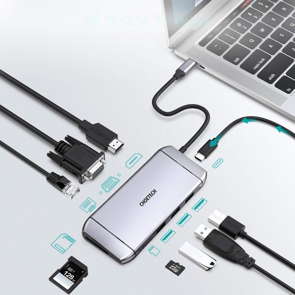 Choetech 9-in-1 USB Type C Hub - 3x USB 3.2, SD/TF card reader, HDMI 4K, VGA FHD, RJ45, grey