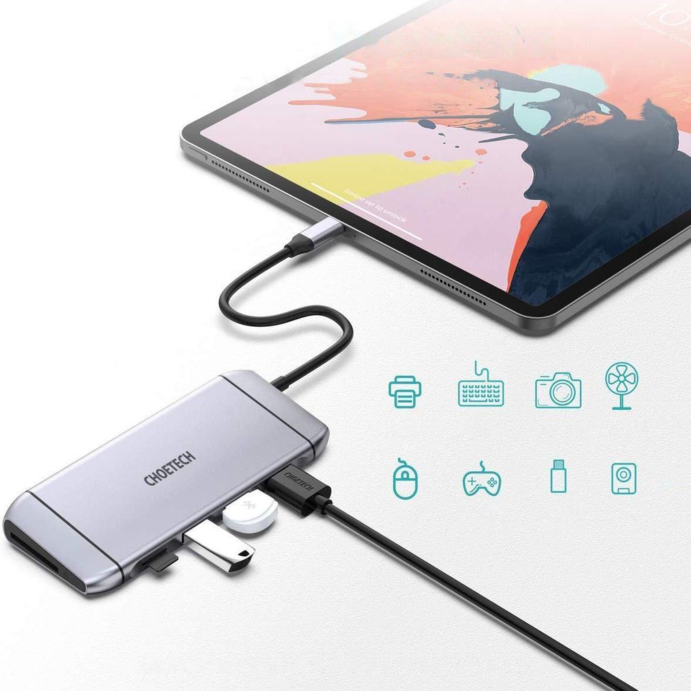 Choetech 9-in-1 USB Type C Hub - 3x USB 3.2, SD/TF card reader, HDMI 4K, VGA FHD, RJ45, grey