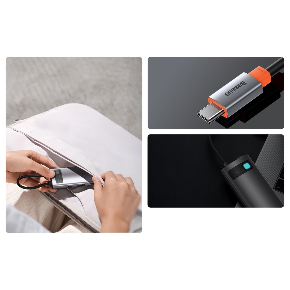 Baseus Metal Gleam 7-in-1 USB HUB Type C HDMI TF PD Card Reader - Gray (WKWG020113)