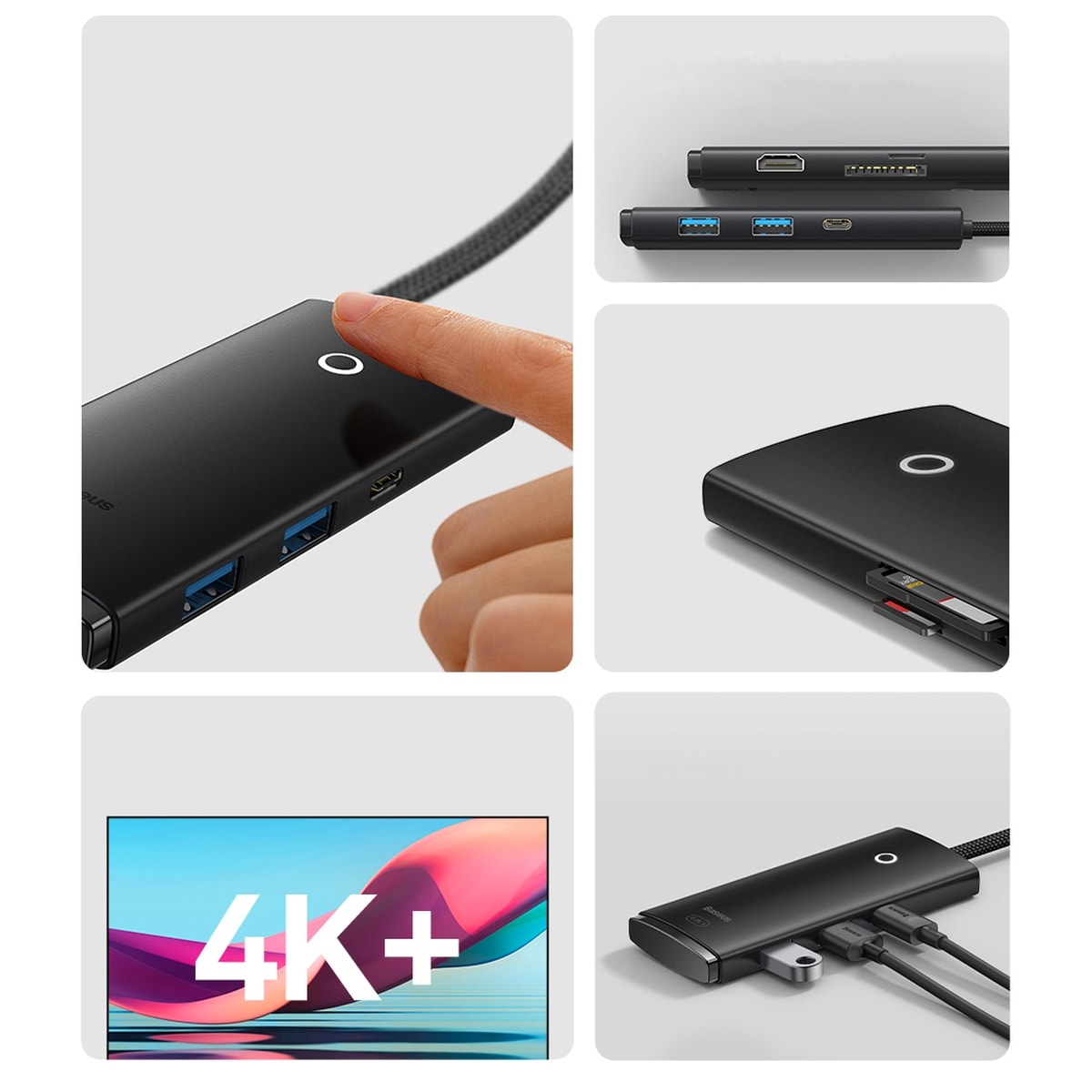 Baseus Lite Multifunktiokeskus USB Type C HUB - 2 x USB 3.0 / USB C / HDMI / SD/TF OTG musta