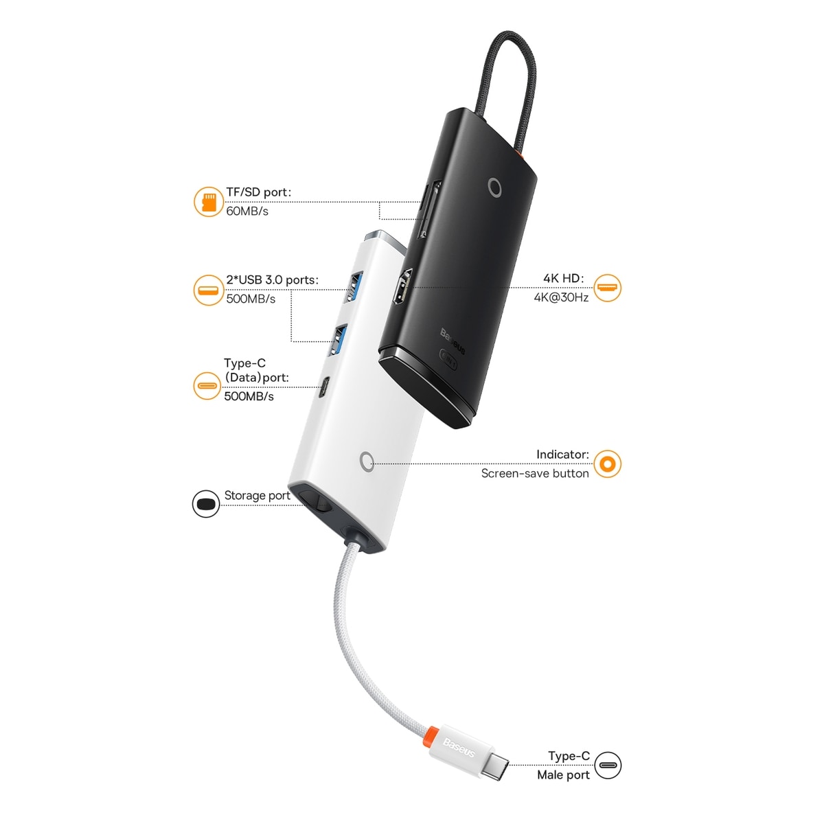 Baseus Lite Multifunktiokeskus USB Type C HUB - 2 x USB 3.0 / USB C / HDMI / SD/TF OTG musta