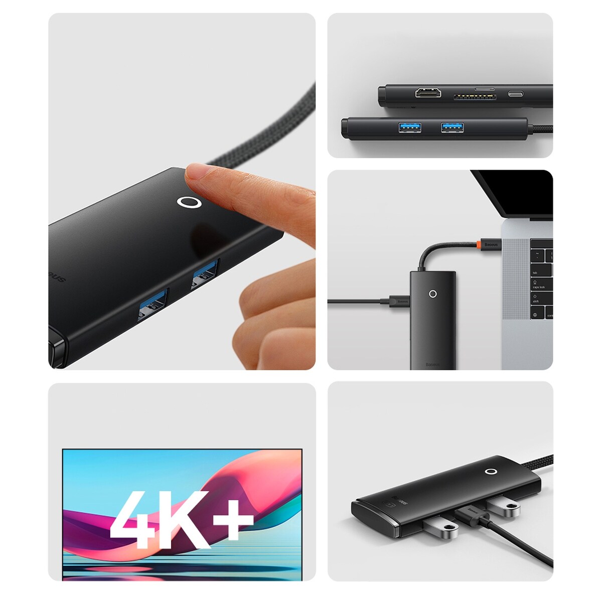 Baseus Lite USB C HUB - 2 x USB 3.0 / USB C PD / HDMI 1.4 / SD / TF, musta (WKQX050101)