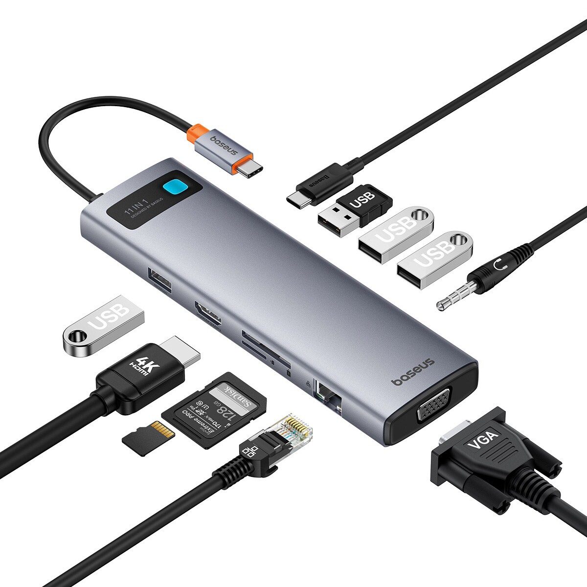 HUB 11in1 Baseus Metal Gleam Series USB-C PD / 3x USB-A 3.0 / HDMI / VGA / AUX / RJ-45 - harmaa