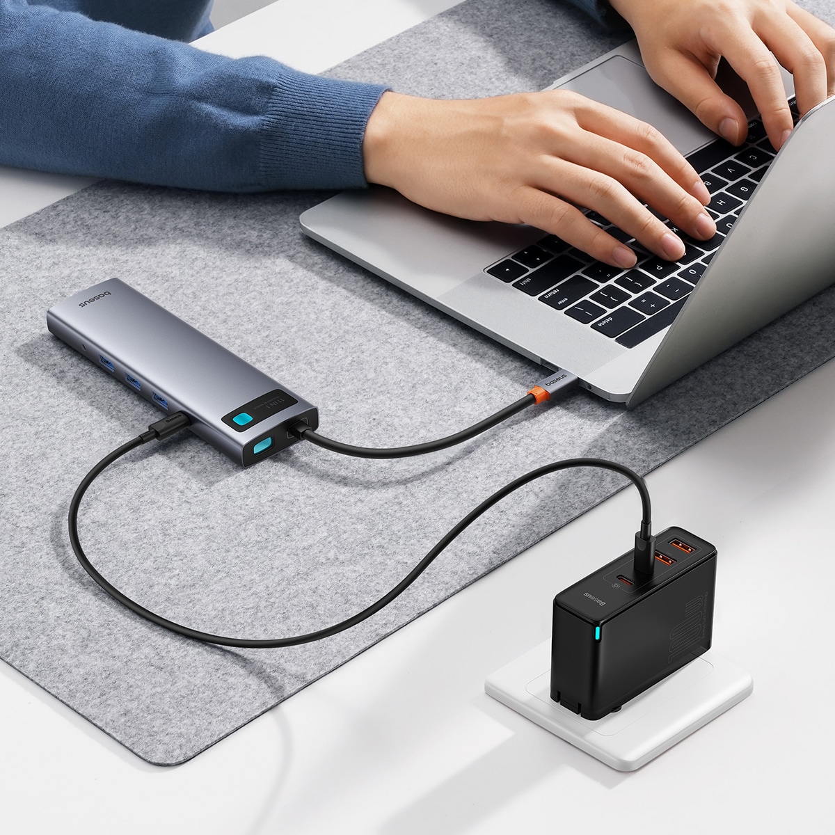 HUB 11in1 Baseus Metal Gleam Series USB-C PD / 3x USB-A 3.0 / HDMI / VGA / AUX / RJ-45 - harmaa