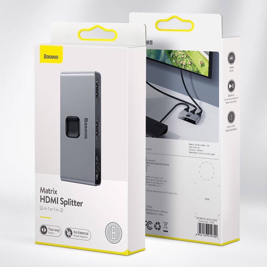 Baseus kaksisuuntainen kytkin splitter kytkin HDMI - 2x HDMI 4K / 30 Hz harmaa (CAHUB-BC0G)