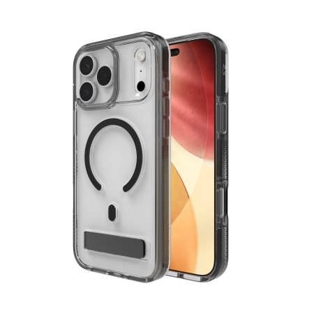 ZAGG Santa Cruz Snap KS MagSafe kotelo jalustalla iPhone 17 Pro Maxille - Kirkas ja musta