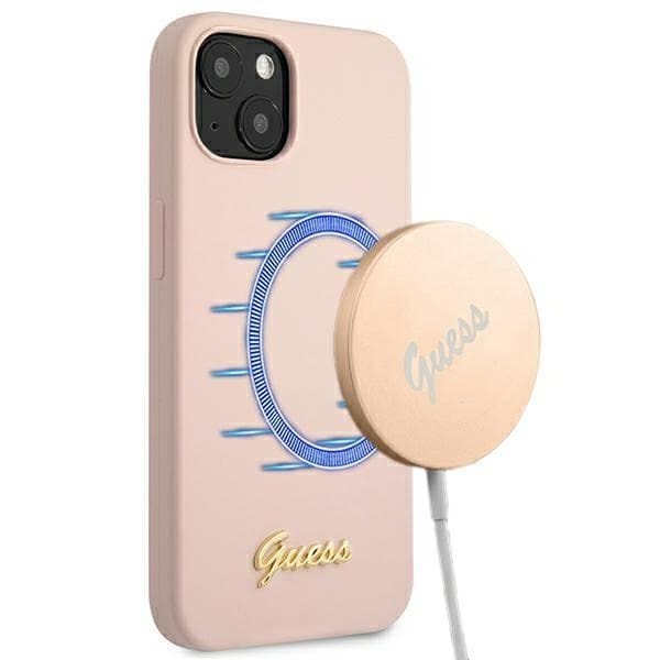 Guess GUHMP13MLSLMGLP iPhone 13 6.1" Pink Silicone Case with Gold Logo Magsafe