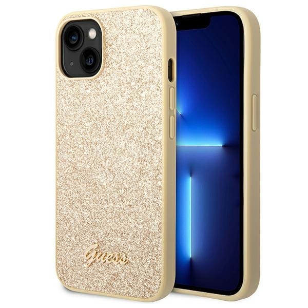 Guess Glitter Script Kotelo iPhone 14 Plus - kultainen