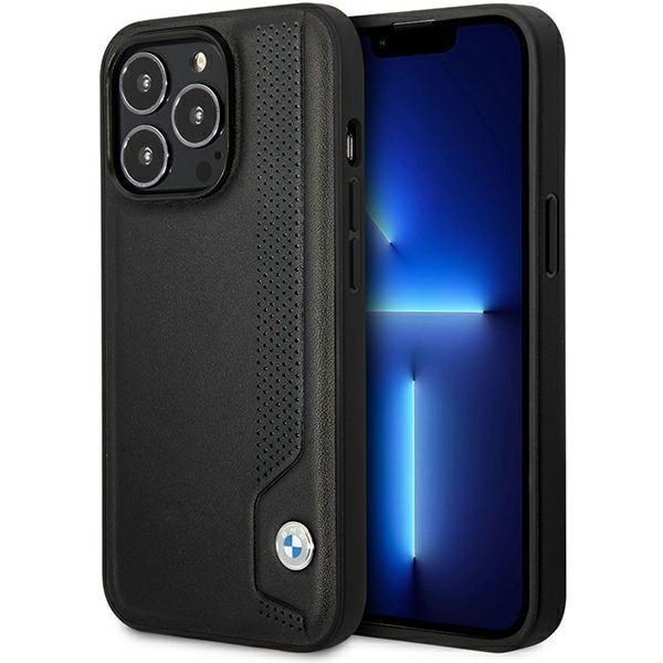 Kotelo BMW BMHCP14L22RBDK iPhone 14 Pro 6.1", musta nahkakotelo siniset pisteet