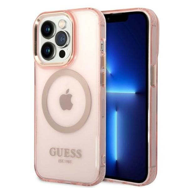 Guess GUHMP14LHTCMP iPhone 14 Pro 6.1" vaaleanpunainen kova MagSafe-kotelo Gold Outline
