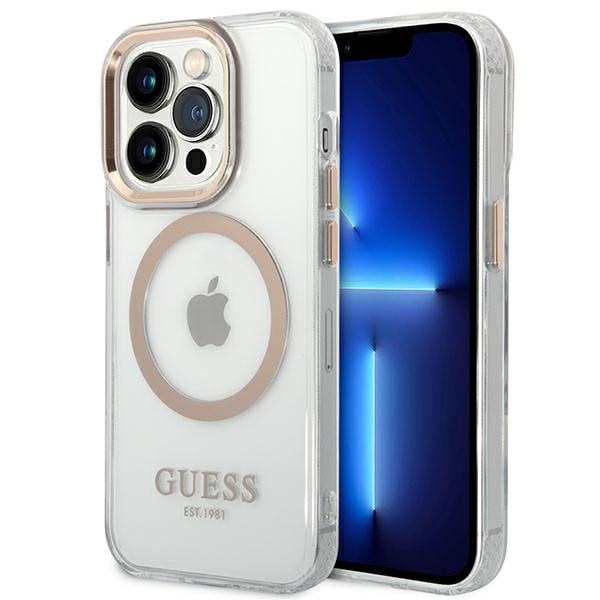 Guess GUHMP14XHTRMD iPhone 14 Pro Max 6.7" kultainen kova kotelo Metal Outline Magsafe