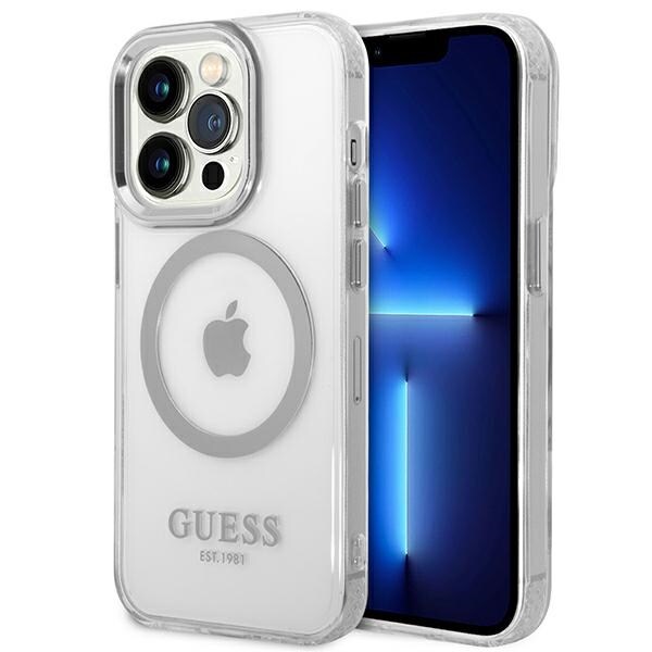Guess GUHMP14LHTRMS iPhone 14 Pro 6.1" hopea/hopea kova kotelo Metal Outline Magsafe -suojaimet