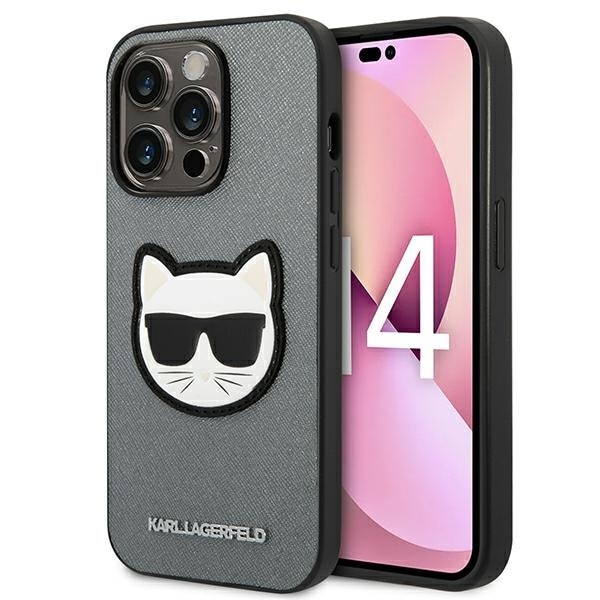 Karl Lagerfeld Saffiano Choupette Head Patch tapauksessa iPhone 14 Pro Max - hopea