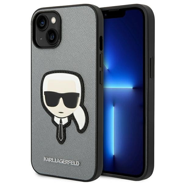 Karl Lagerfeld Saffiano Karl's Head Patch tapauksessa iPhone 14 - hopea