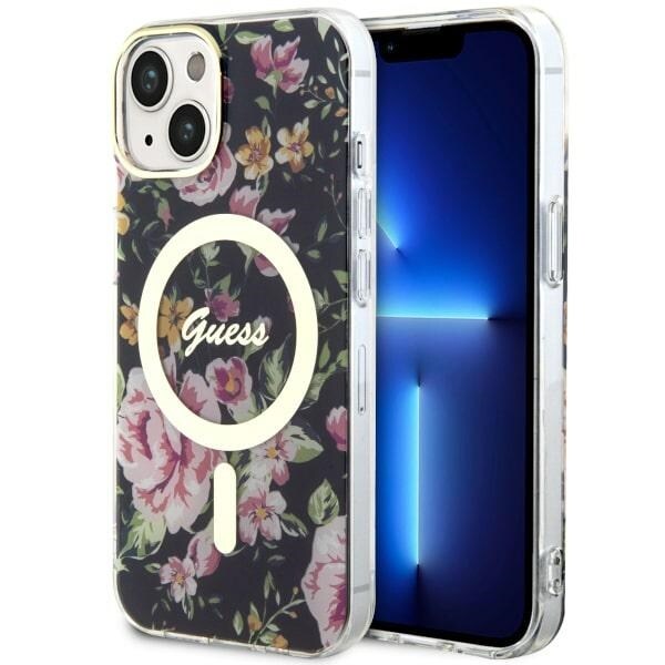 Guess Flower MagSafe -kotelo iPhone 14:lle - musta