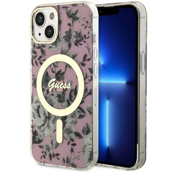 Guess GUHMP14MHCFWSP iPhone 14 Plus 6.7" vaaleanpunainen kovakotelo Flower MagSafe Kukka