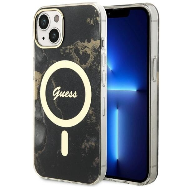 Guess GUHMP14MHTMRSK iPhone 14 Plus 6.7" musta/musta kovakotelo Golden Marble MagSafe -marmorikotelo