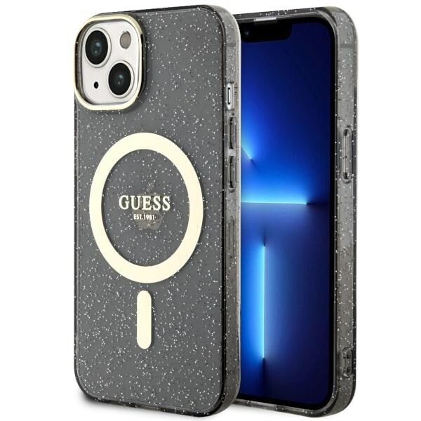 Guess Glitter Gold MagSafe -kotelo iPhone 14:lle - musta